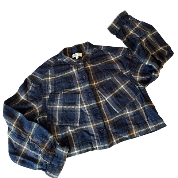 Marissa Webb Plaid Flannel Shirt Jacket Women's 4 Navy Cropped Button Fall EUC - Picture 1 of 9